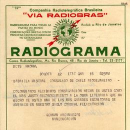 3. Telegrama desde Colombia del escrito y político Germán Arciniegas a Gabriela Mistral.