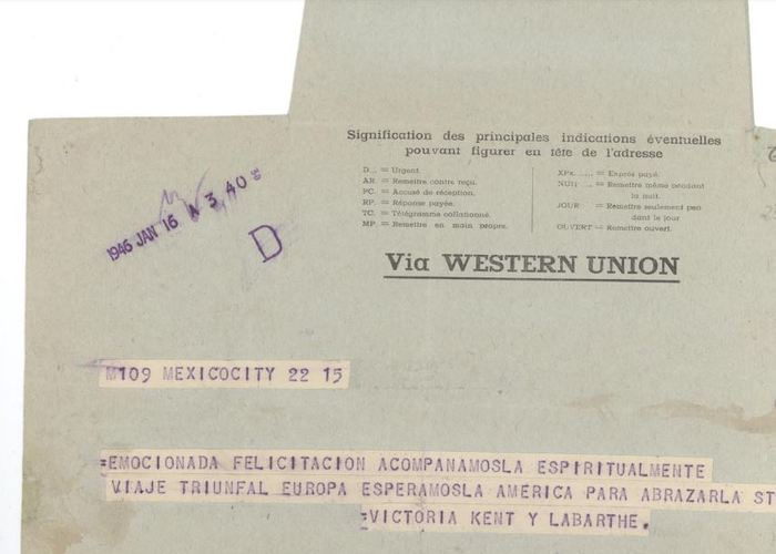 6. Telegrama de Victoria Kent, abogada y política española, a Gabriela Mistral.