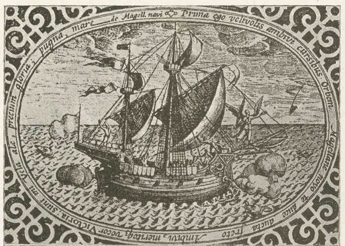 2. Nave Victoria, única de la armada de Hernando de Magallanes que dio la vuelta al mundo, grabado de 1603.